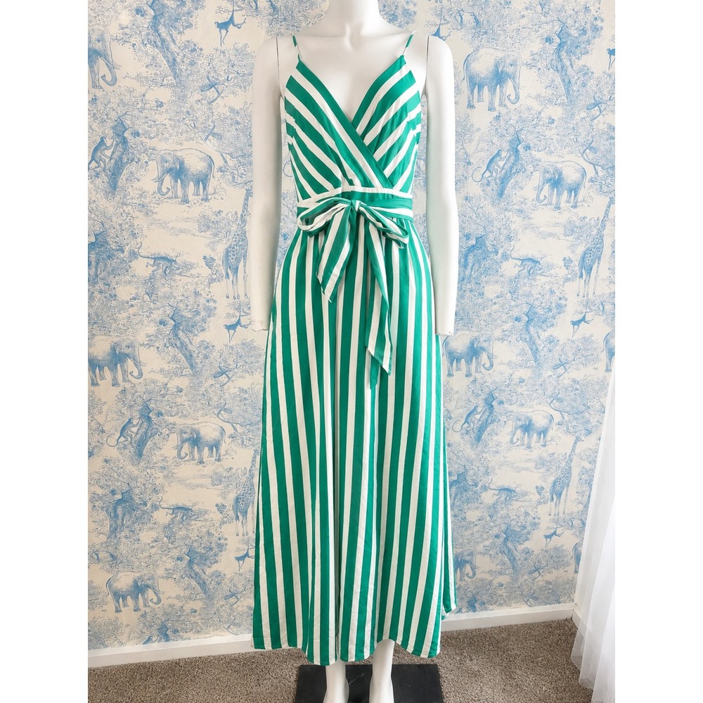 Giani Bini Green and White Striped Maxi Wrap Sleeveless Tie Waist Dress